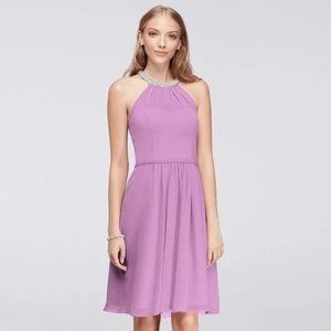 David’s Bridal Women Halter Mini Dress Chiffon Pleated Beaded Neck Purple SZ 14